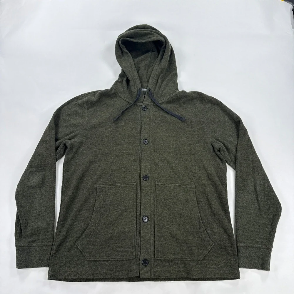 Banana Republic Mens Hoodie Medium Olive Green Brushed Waffle Button Down Pocket